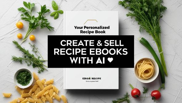 “A cozy kitchen workspace with a laptop displaying a recipe eBook template, surrounded by fresh vegetables and a notebook — symbolizing creating and selling personalized AI-generated recipe books online.”