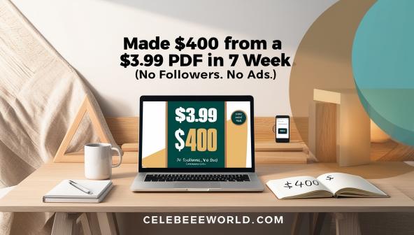 "Made $400 from a $3.99 PDF in a Week" blog post featured image showing a cozy minimalist workspace with a laptop displaying a digital PDF cover, coffee mug, and notebook with $400 written, warm natural textures and soft golden lighting, symbolizing making money online with digital products.
