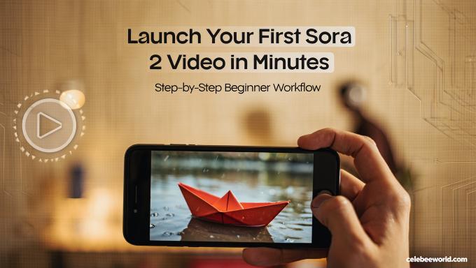 Person holding an iPhone showing an AI-generated video of a red paper boat floating in rain, with creative collage overlays of film icons and circuits. Text overlay reads “Launch Your First Sora 2 Video in Minutes – Step-by-Step Beginner Workflow.” Warm textured background with watermark celebeeworld.com.